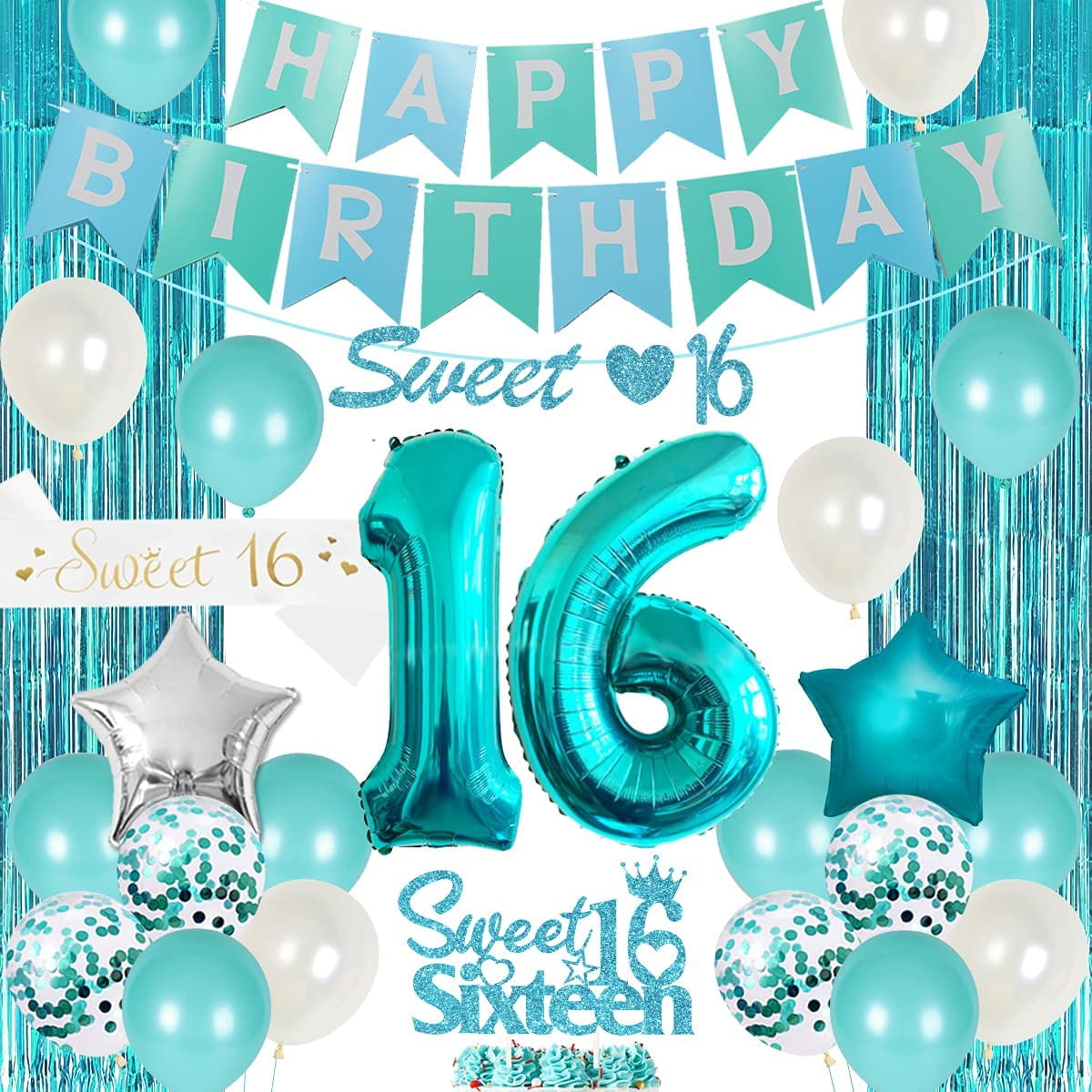 16th Birthday Decorations for Girl Teal - Sweet 16 Birthday Party Supplies Number 16 Foil Balloon Happy Birthday Banner Sweet 16 Sash Turquoise Fringe Curtain for Sixteen Birthday Decor - Walmart.com